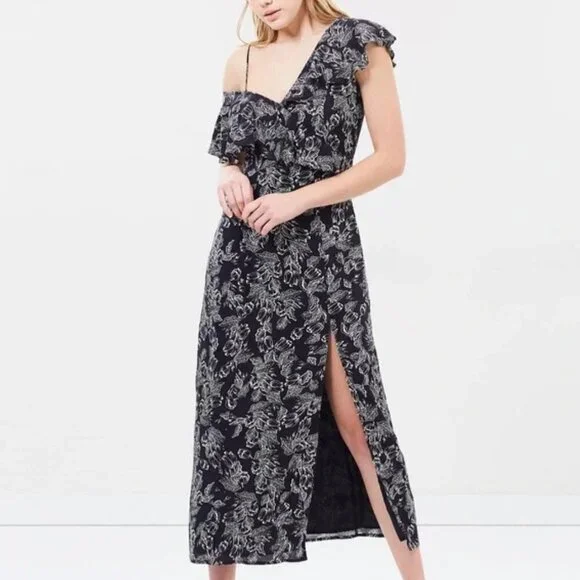 Amuse Society Black & White Floral Asymmetric Cold Shoulder Maxi Dress Large L - Picture 2 of 14